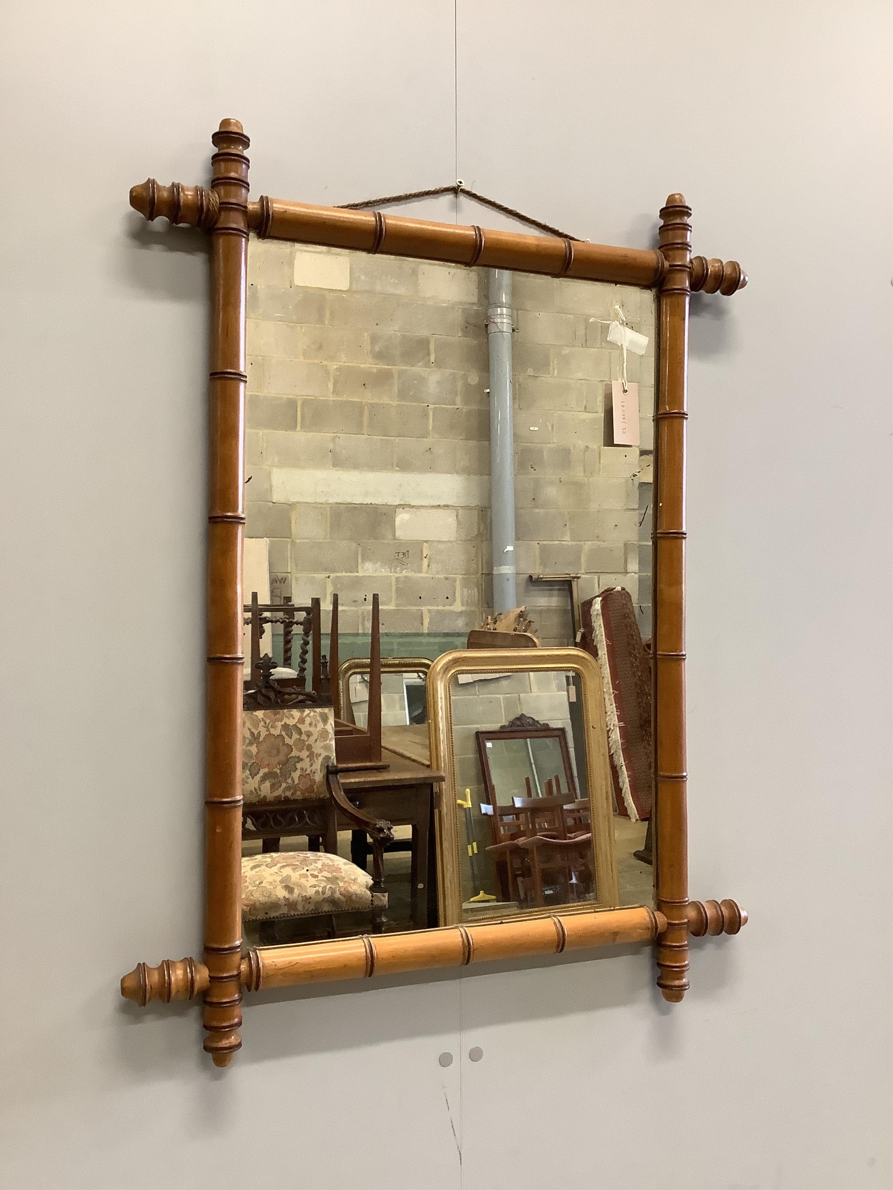A late 19th century French rectangular faux bamboo wall mirror, width 68cm, height 90cm. Condition - fair